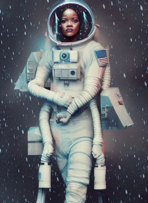 rihanna as an Astronaut. rihanna as an Astronaut. autumn rain turkel, f2.2, trending on shutterstock, lovely, illustration, cinematic, 8k