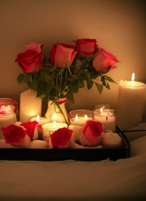 bed with candles and roses , Valentines day