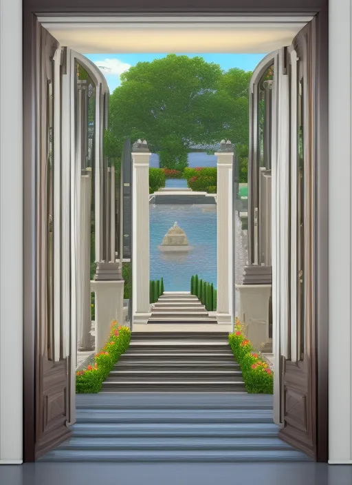 entrance to a mansion, doors closed, pool and Skyline in Background 