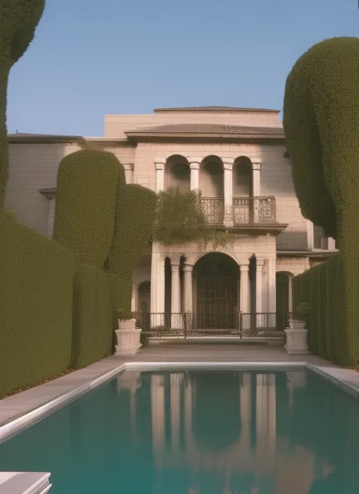 entrance to a mansion, doors closed, pool and Skyline in Background 