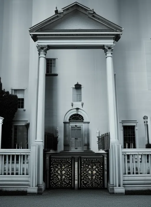 entrance to a mansion, doors closed, Skyline in Background 