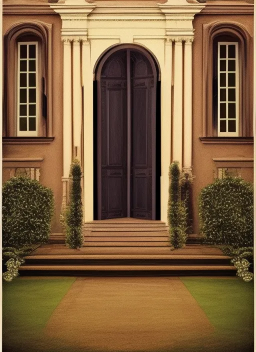 entrance to a mansion, doors closed, Skyline in Background 