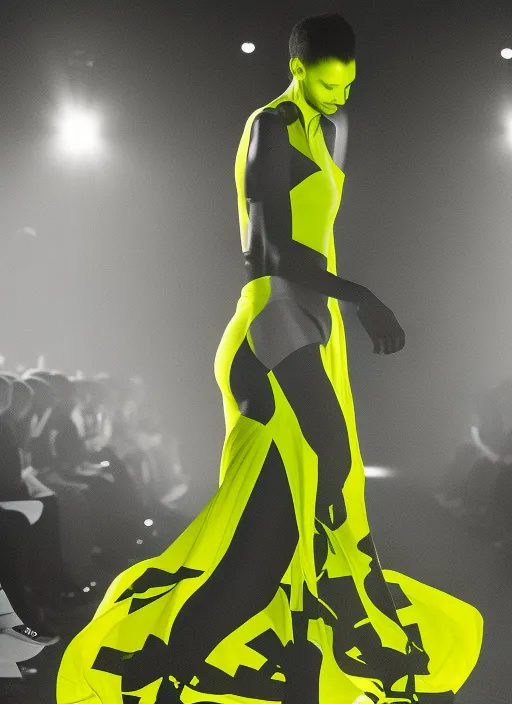 a beautiful model wearing a neon yellow cut out dress in an illuminated runway 