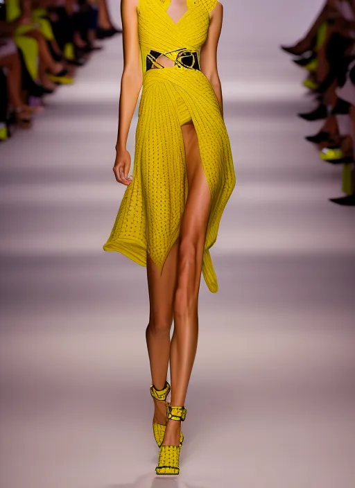 a beautiful woman model wearing a neon yellow cut out dress in an illuminated runway. 