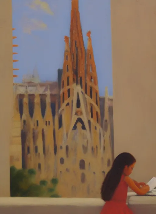 a painting of a girl studying with views of the sagrada familia