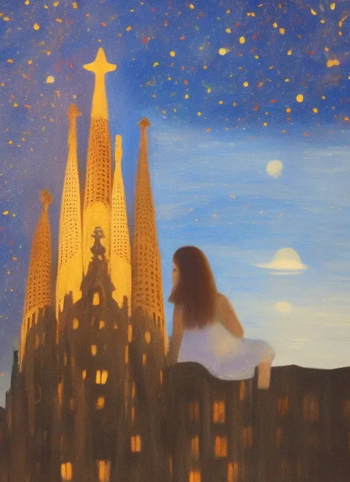 art of a girl studying with views of the sagrada familia and a starry sky