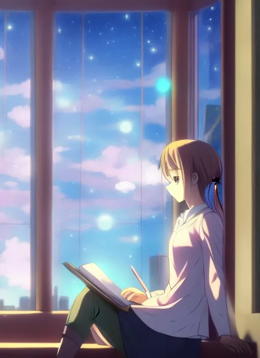 art of an anime girl studying. a window shows views of a cathedral and a starry sky