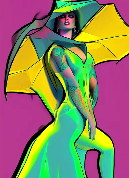 celestial futuristic model wearing a neon yellow glitter extra long tail dress with a hat, walking the digital runway, retrowave, synthwave, 8k, Land art, acting headshot, celestial. verdant, 8k, semi realistic gouache painting, cyberpunk art, hdri, art, semi realistic gouche, attractive, in pastel lilac solid color and thick uneven outline, high res beautiful lighting, comic book cover,high res, beautiful lighting, hdri, masterpiece, oscar winning, 