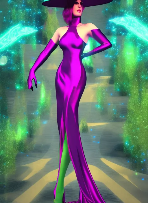 celestial futuristic model wearing a neon yellow glitter extra long tail dress with a hat and opera gloves, walking the digital runway, retrowave, synthwave, 8k, Land art, acting headshot, celestial. verdant, 8k, semi realistic gouache painting, cyberpunk art, hdri, art, semi realistic gouche, attractive, in pastel lilac solid color and thick uneven outline, high res beautiful lighting, comic book cover.  hdri, masterpiece, oscar winning