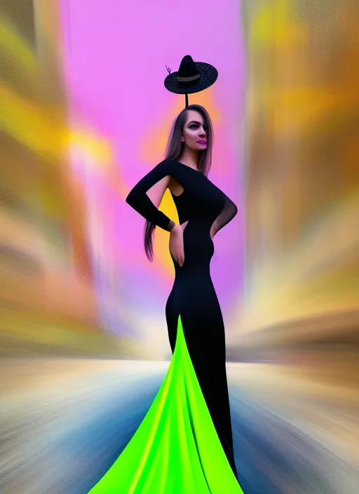 model wearing a neon yellow extra long tail dress with a hat, walking the digital runway, chillwave, 8k, Land art, acting headshot, celestial. verdant, 8k, semi realistic gouache painting, cyberpunk art, hdri, art, semi realistic gouche, attractive, in pastel lilac solid color and thick uneven outline, high res beautiful lighting, comic book cover, masterpiece 