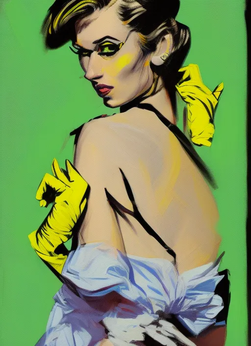 semi realistic gouache painting of model wearing a neon yellow dress with opera gloves, hdri, art, semi realistic gouche, attractive, thick uneven outline, high res beautiful lighting, comic book cover, masterpiece