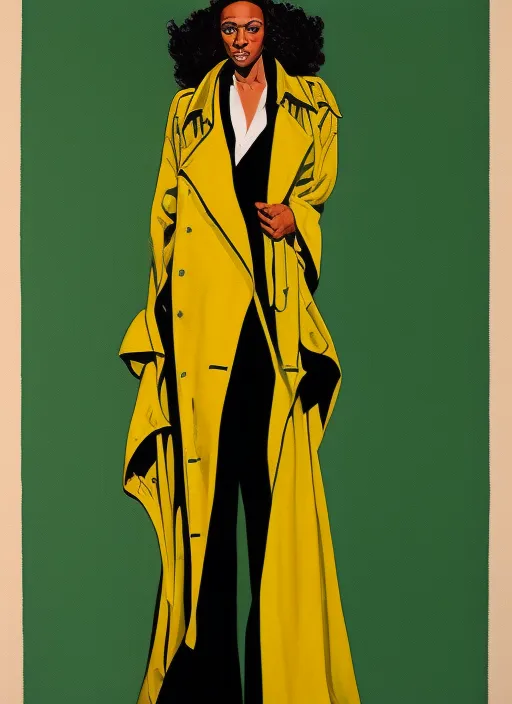 semi realistic gouache painting of model wearing a neo yellow trench coat and wide leg pants, hdri, art, semi realistic gouche, attractive, thick uneven outline, high res beautiful lighting, comic book cover, masterpiece