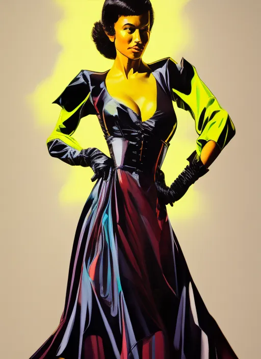 “semi realistic gouache painting of model wearing a neon yellow dress with opera gloves, hdri, art, semi realistic gouche, attractive, thick uneven outline, high res beautiful lighting, comic book cover, masterpiece, malaavida style