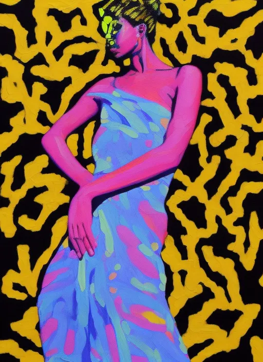 “semi realistic gouache painting of model wearing a neon yellow dress , hdri, art, semi realistic gouche, attractive, thick uneven outline, high res beautiful lighting, comic book cover, masterpiece, malaavida style