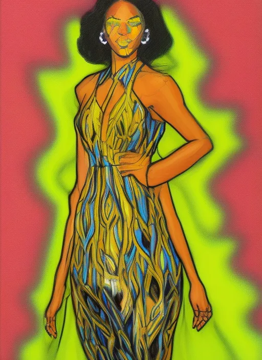 “semi realistic gouache painting of pretty model wearing a neon yellow dress , hdri, art, iridescent, holographic attractive, thick uneven outline, high res beautiful lighting, comic book cover, masterpiece, malaavida style