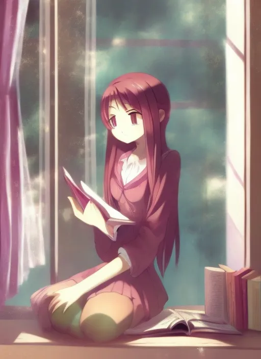 anime girl reading a book next to a window