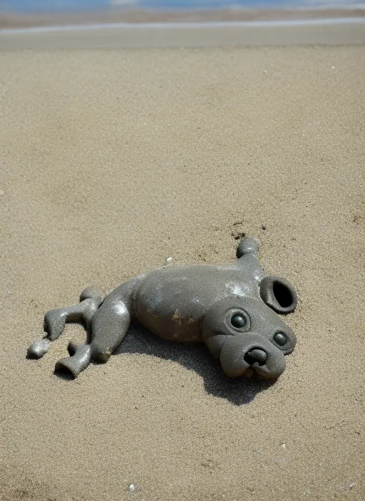 a small dog on a beach found something peculiar in the sand made of metal