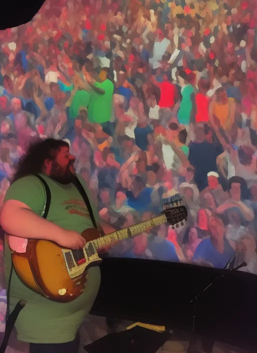 A fat man rocks out at a van Galen concert 