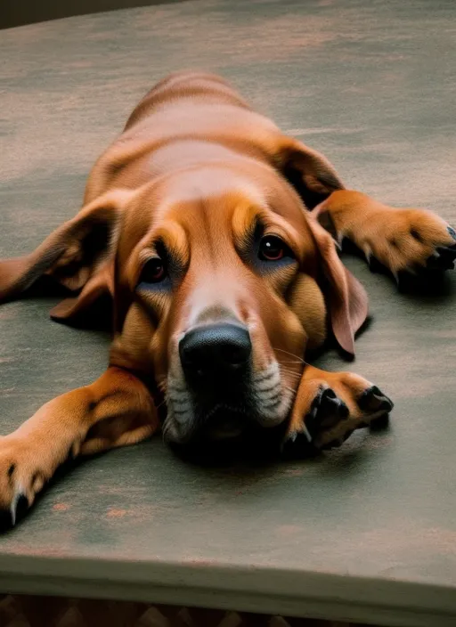 A photographs of a happy dog on a table. change the dogs fur blue