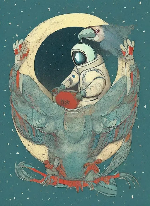  Parrot in a space suit on the moon nodding to a song with its head