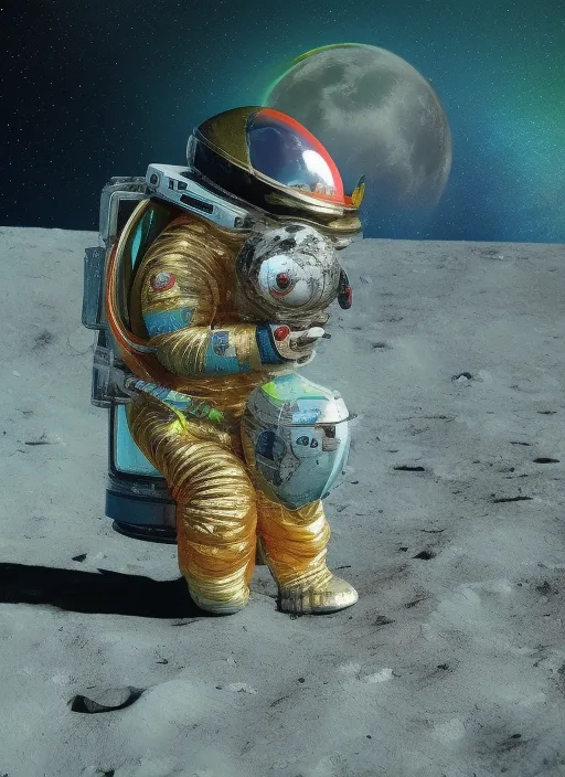  Parrot in a space suit on the moon nodding to a song with its head