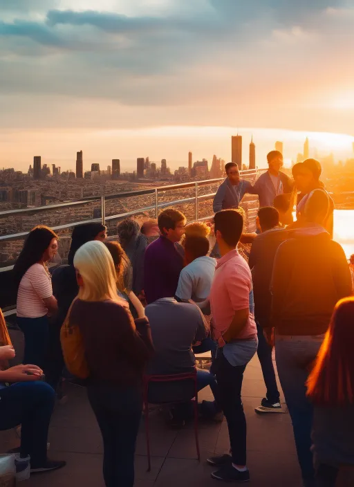 A photograph of a group of friends enjoying a rooftop party, with the sun setting behind them and casting a warm golden light on the scene. The camera angle is high and wide, capturing the panoramic view of the city skyline in the distance. The colors are soft and warm, with a mix of pastel shades and golden tones creating a relaxed and cozy atmosphere. The people are dressed in bright and stylish outfits, with a mix of patterns and textures adding to the visual richness of the image.