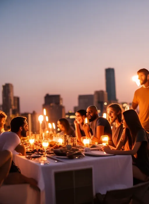A photograph of a group of friends enjoying a rooftop party, with the sun setting behind them and casting a warm golden light on the scene. The camera angle is high and wide, capturing the panoramic view of the city skyline in the distance. The colors are soft and warm, with a mix of pastel shades and golden tones creating a relaxed and cozy atmosphere. The people are dressed in bright and stylish outfits, with a mix of patterns and textures adding to the visual richness of the image.