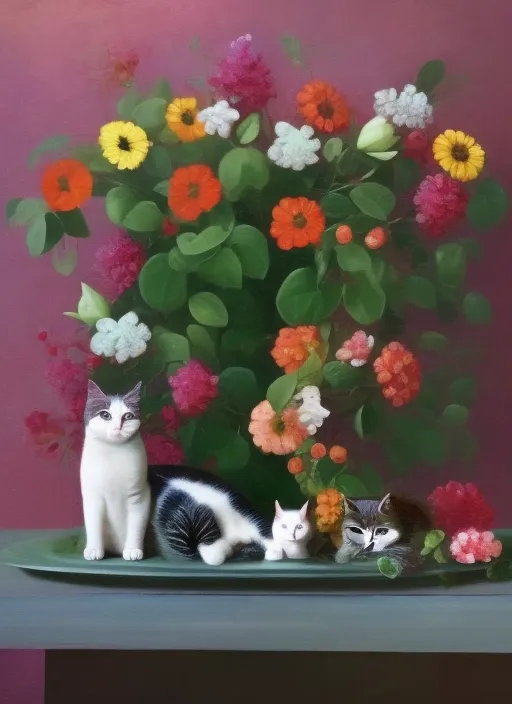 flower decoration with cats on a table