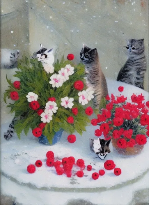 flower decoration with cats on a table an snow