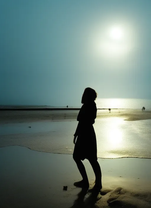 A silhouette of a women on a beach at night