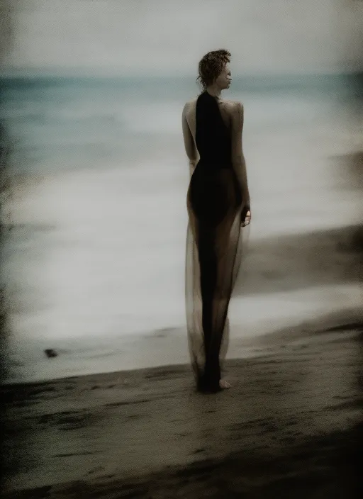 a model walks on the beach, in the style of Paolo Roversi