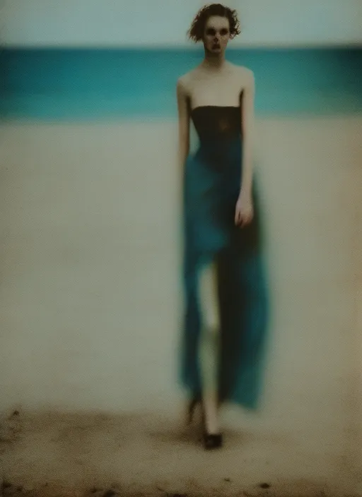 a model walks towards the camera on the beach, in the style of Paolo Roversi