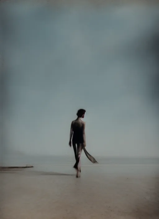 a model walks towards the camera on the beach,hot day, in the style of Paolo Roversi