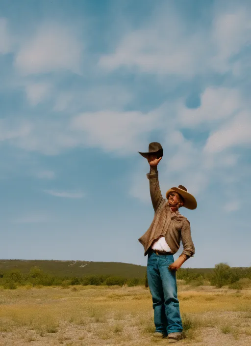 photo of cowboy with hands up