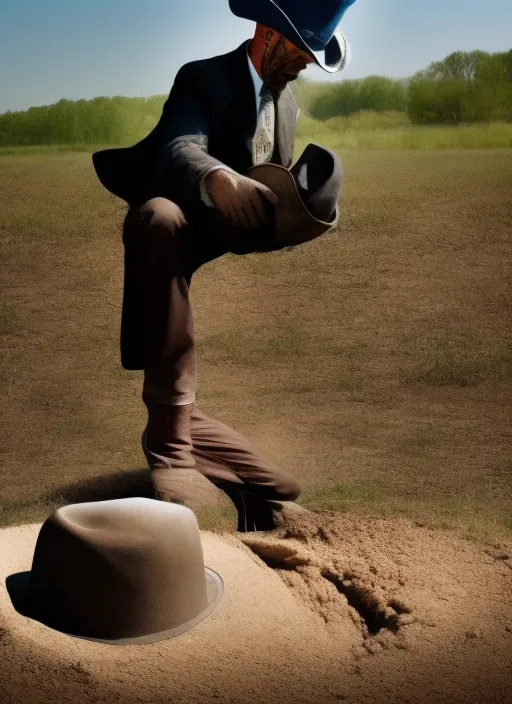 photo of bald cowboy burying his hat