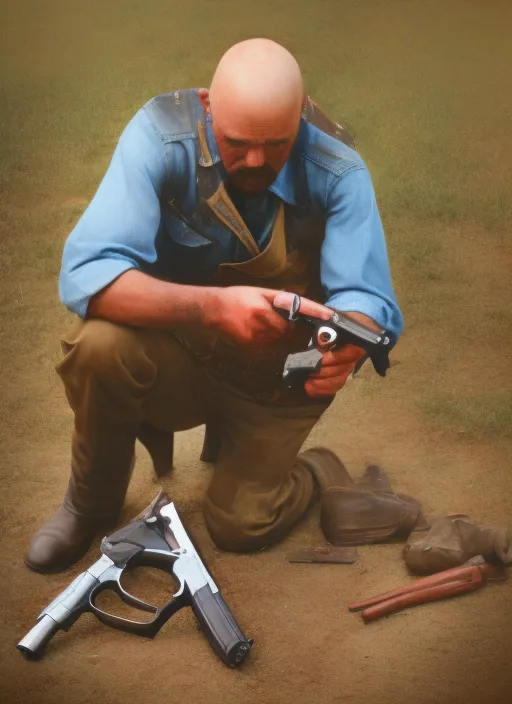 photo of bald cowboy burying his pistol