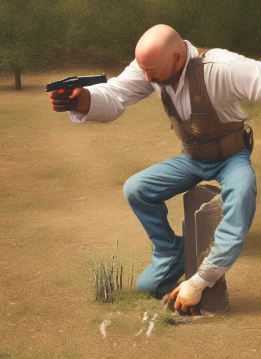 photo of bald cowboy burying his pistol