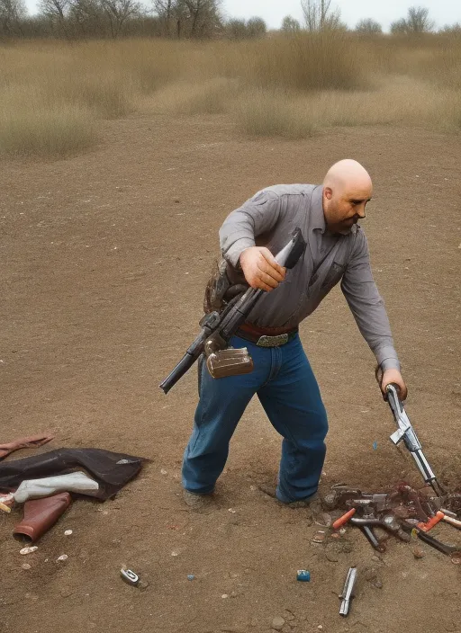 photo of bald cowboy burying his pistol