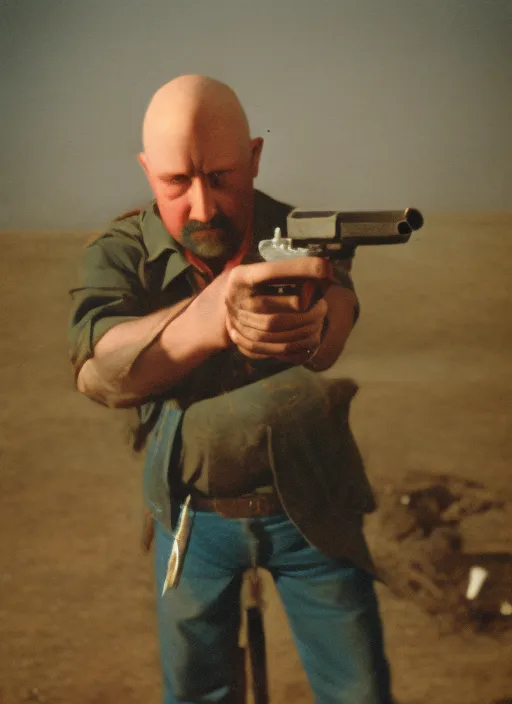 photo of bald cowboy burying his pistol
