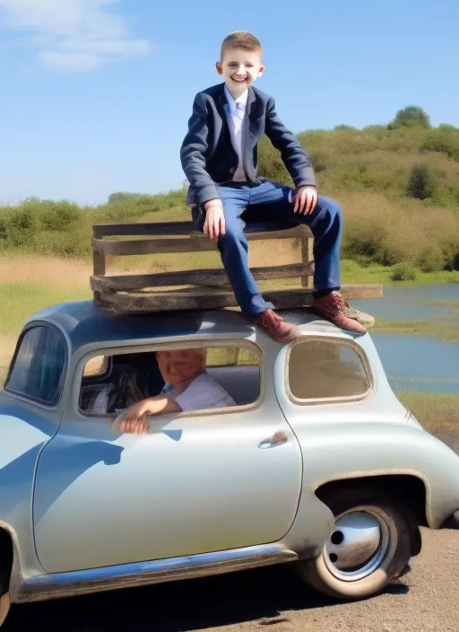 Boy sitting on car from area 