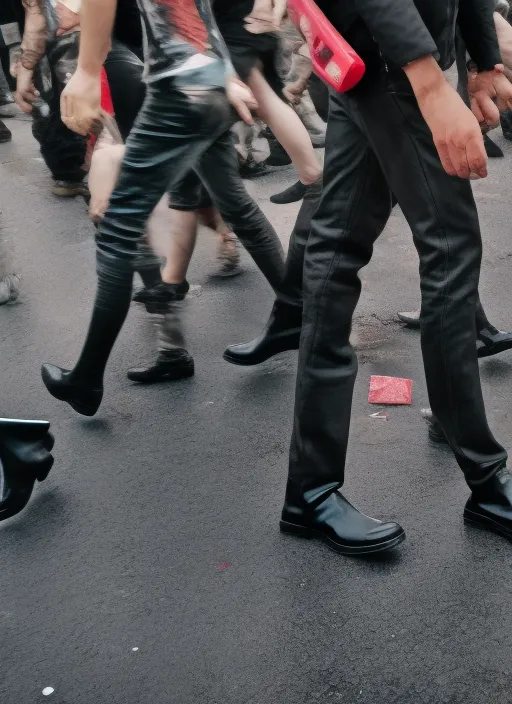 a man walking through crowd wears black rubber boot in his head