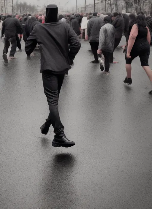 a man walking through crowd wears black rubber boot in his head