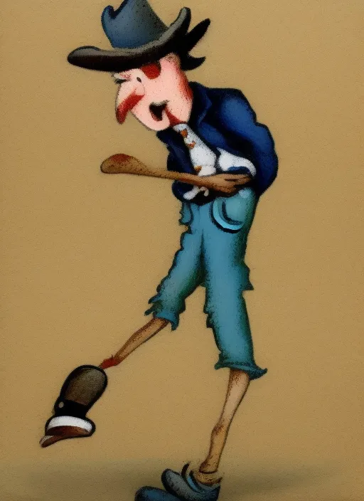 cartoon of a cowboy with a blown foot
