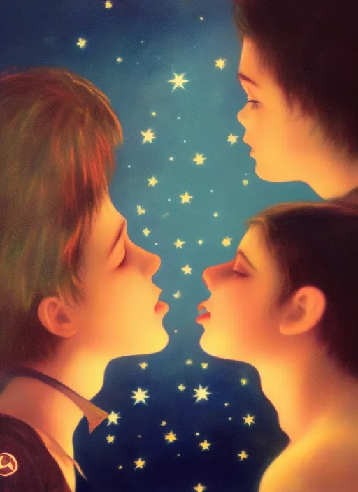 A girl seeing star in night and a boy kiss her neck