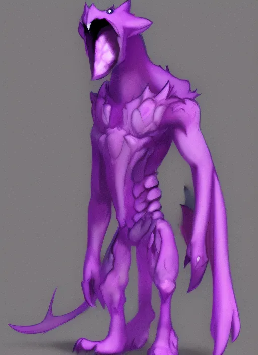 concept art of a purple monster wearing a tunic