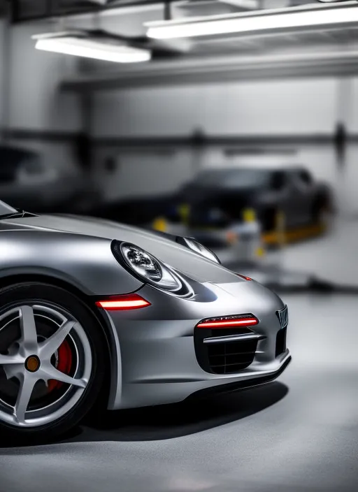 Porsche 9 1 1 on a Gray Garage Floor. Tire, Wheel, Vehicle, Land Vehicle, Car, Automotive Parking Light, Hood, Automotive Lighting, Automotive Tire, Motor Vehicle. a grey porsche parked in a garage. tire, wheel, vehicle, land vehicle, car, automotive parking light, hood, automotive lighting, automotive tire, motor vehicle