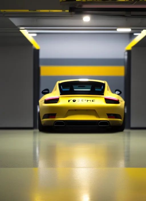 Porsche 9 1 1 on a yellow Garage Floor. Tire, Wheel, Vehicle, Land Vehicle, Car, Automotive Parking Light, Hood, Automotive Lighting, Automotive Tire, Motor Vehicle. a pink porsche parked in a garage. tire, wheel, vehicle, land vehicle, car, automotive parking light, hood, automotive lighting, automotive tire, motor vehicle
