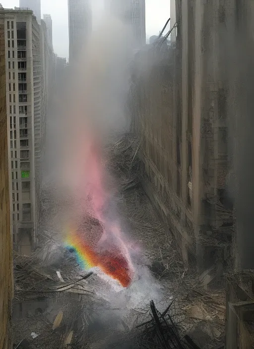 rainbow after nuclear exposlosion in city

