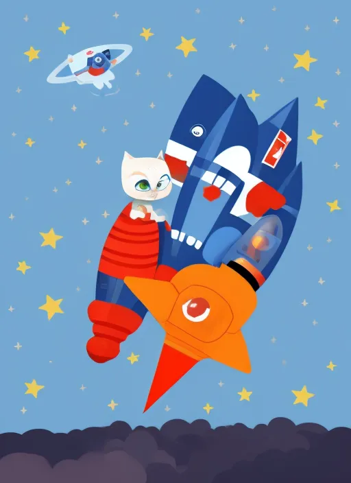 cartoon cat fly on rocket to the mars

