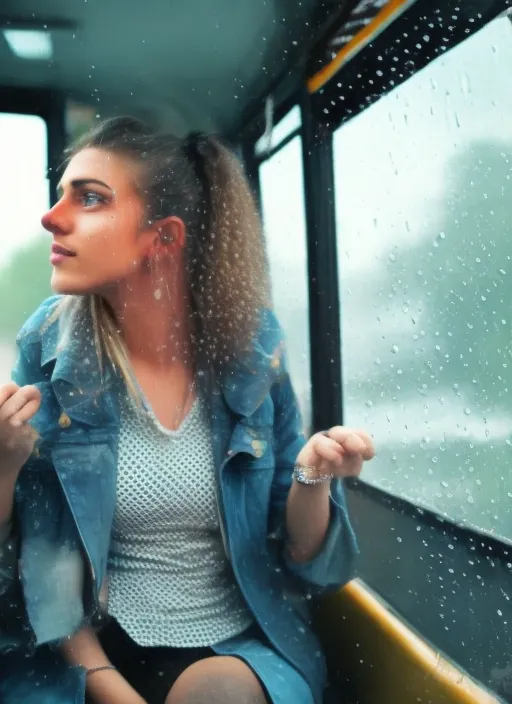 Aspiring female rock star Sitting in a bus driving through rain 